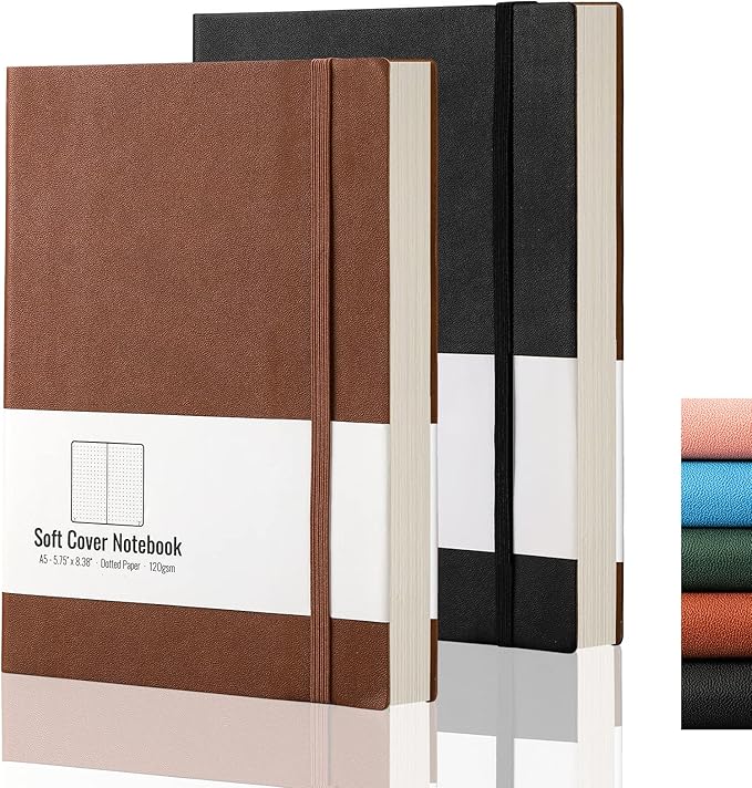 AHGXG Dotted Bullet Grid Journal 2 Pack - A5 Dot Grid Notebook Softcover, Medium 5.75'' × 8.38'', 320 Numbered Pages, 120gsm Thick Dotted Paper, Soft Leather Cover (Black Brown)