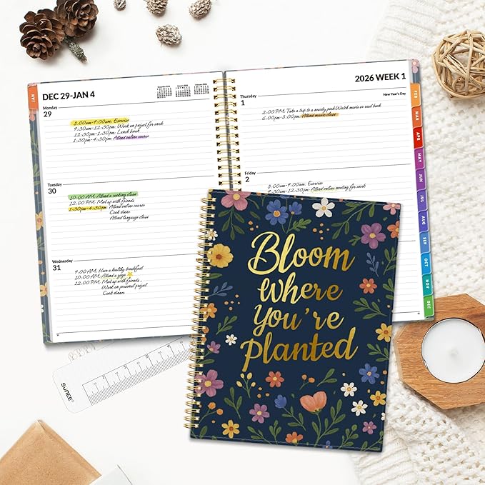 SUNEE 2026 Weekly and Monthly Planner - from January 2026 - December 2026, 8.5"x11" Daily Agenda Planner with Monthly Tab, Flexible Cover, Note Pages, Pockets, Bookmark, Spiral Binding, Navy Flower
