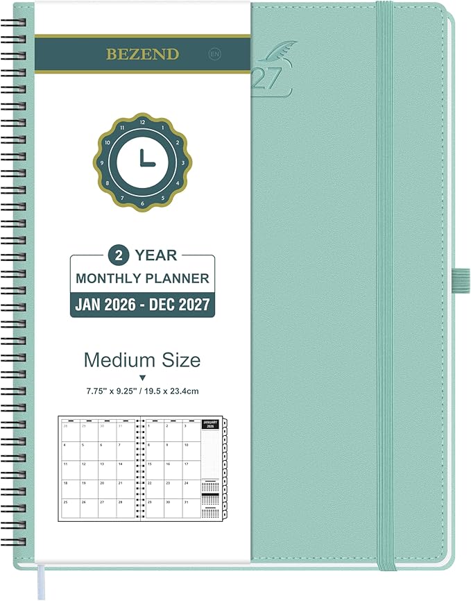BEZEND Monthly Planner 2026-2027 (Spiral-7" x 9") 2 Year Calendar Book with Note Pages - Jan 26 to Dec 27-120 GSM Paper, Inner Pockets, Laminated Tabs, Vegan Leather Softcover - Mint Green