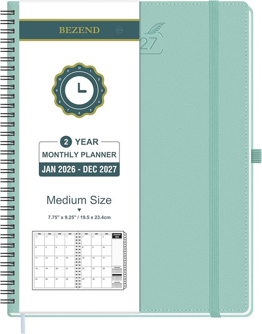 BEZEND Monthly Planner 2026-2027 (Spiral-7" x 9") 2 Year Calendar Book with Note Pages - Jan 26 to Dec 27-120 GSM Paper, Inner Pockets, Laminated Tabs, Vegan Leather Softcover - Mint Green