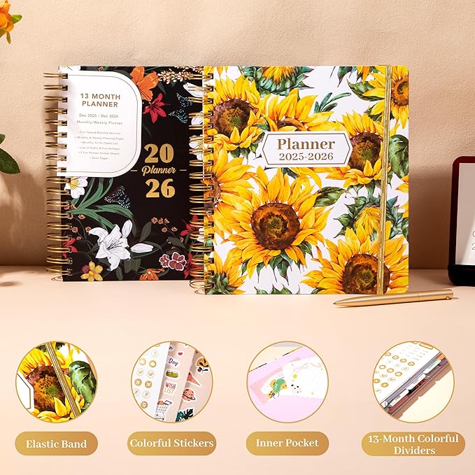CAGIE 2026 Planner Weekly and Monthly from Dec 2025 to Dec 2026 Hardcover Spiral Bound Calendar Yearly Agenda Planners for Women with Stickers, 8.3 x 9.1, Yellow Sunflower