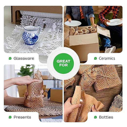 IDL Packaging Original HexcelWrap Honeycomb Packing Kraft Paper 15.25" x 300' Roll in Self-Dispensed Box, White - The First Patented Interlocking Slit Paper Design for Shipping