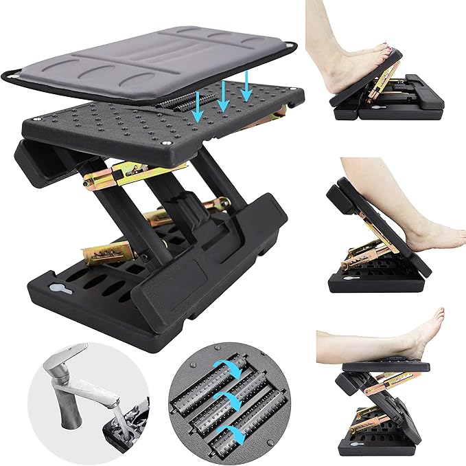 Foot Rest for Under Desk at Work, Height Adjustable Footrest with Massage Roller and Soft Pad, Foldable Ergonomic Foot Rest for Car, Underdesk, Home, Train(Grey)