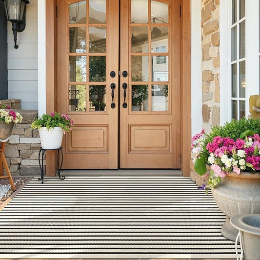 Collive Black and White Striped Outdoor Rug 4'x 6', Washable Cotton Woven Farmhouse Christmas Rug, Layered Welcome Door Mat for Front Porch Deck Bedroom Patio Christmas Decorations