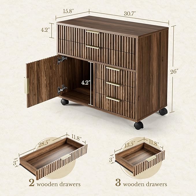 Fluted File Cabinet with 5 Drawers, Large Storage with Cabinet Door, Mobile Filing Cabinet with Locable Wheels for Home Office, Black Walnut
