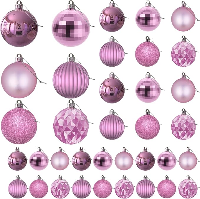 Bubblegun Pink Christmas Ornaments - Christmas Tree Decorations Shatterproof Hanging Balls for Birthday Wedding Holiday Decor Set of 36pcs, Multi-Sizes(1.6",2.5",3.2")