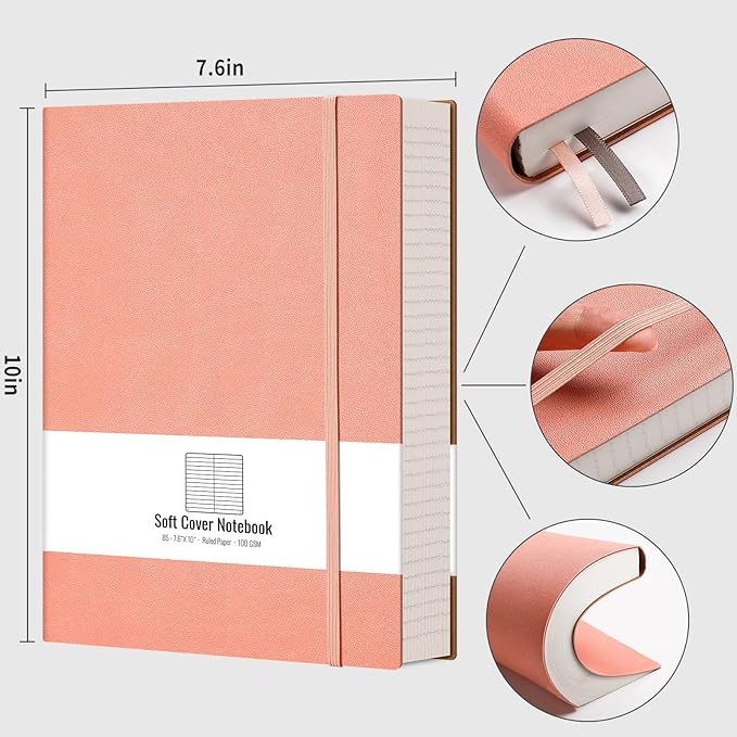 AHGXG Lined Journal Notebook - 320 Numbered Pages Large B5 Thick Journal for Women, 100gsm Thick College Ruled Paper, Faux Leather Softcover, for Work School, 7.6'' X 10''-Pink