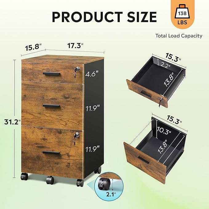DEVAISE 3 Drawer Rolling File Cabinet with Lock, Wood Filing Cabinet fits Letter / A4 Size for Home Office, Rustic Brown