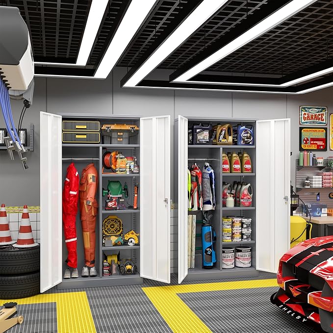 Greenvelly Metal Storage Cabinet with 2 Doors, 72” Steel Storage Wardrobe Cabinet, Employees Locker Closet Clothing Coat Steel Wardrobe Cabinet with Hanging Rod for Garage, Home Office (Grey White)