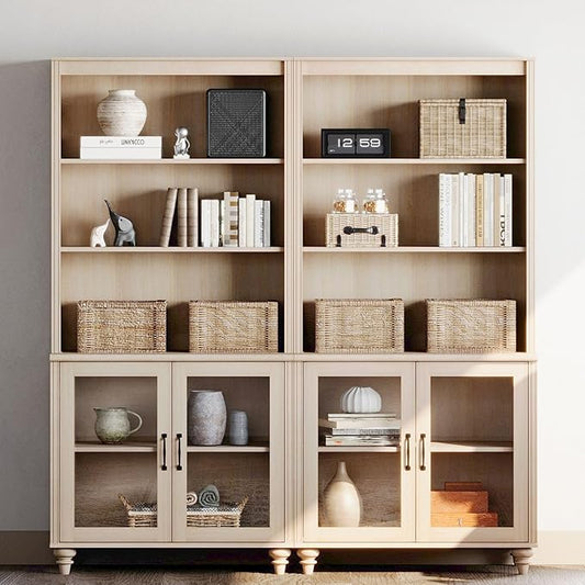 WAMPAT 5 Tier Bookshelf 72" Tall Bookcase with Glass Doors,Large Farmhouse Display Book Shelf with Adjustable Shelves and Storage Cabinet，Library Wood Bookshelves for Living Room,Kitchen, Light Oak