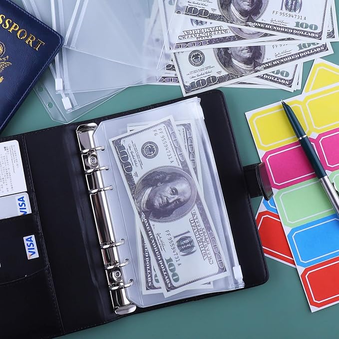 Antner A6 Budget Binder with Zipper Cash Envelopes for Money Organizer & Budgeting, PU Leather Budget Planner Money Saving Binder with Cash Stuffing Envelopes & Labels for Home Office Travel, Black