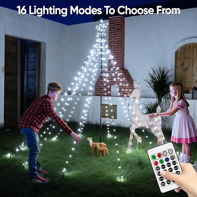 Christmas Tree Lights 340LED with Topper Star, IP67 Waterproof Remote Control Waterfall Lights with Pole, 16 Modes 3 Timers Dimmable Christmas Decorations for Outdoor Yard (White)