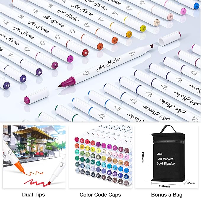 Lelix 61 Colors Alcohol Art Markers, 60 Colors Plus 1 Blender Dual Tip Permanent Marker Pens Highlighters Perfect for Kids Adults Artist Drawing Sketching Card Making & Coloring Books
