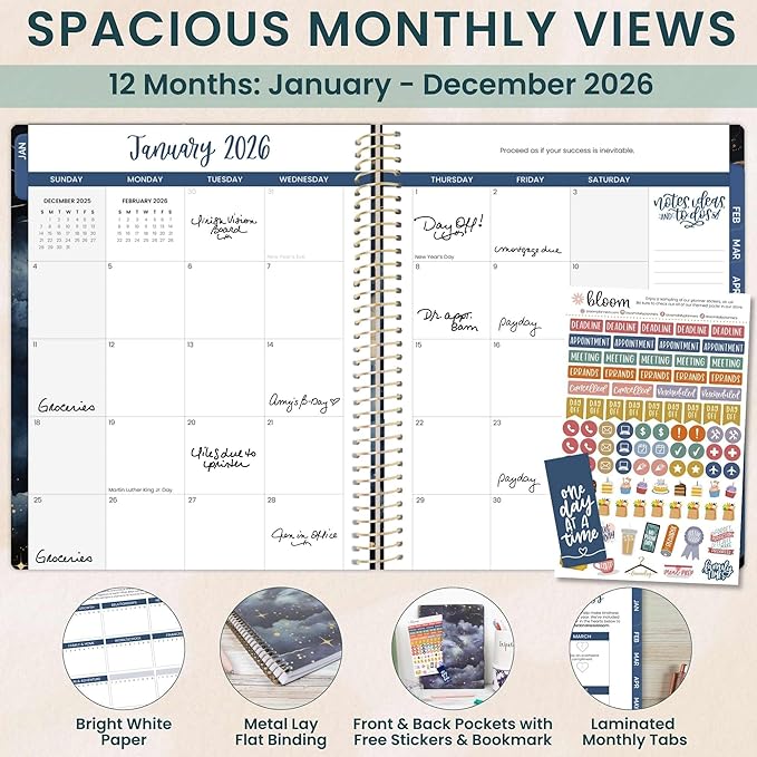 bloom daily planners 2026 Planner (January to December) - 8.5” x 11” Weekly & Monthly Dated Agenda Organizer Book with Stickers & Tabs - Flexible Soft Cover - Midnight Sky