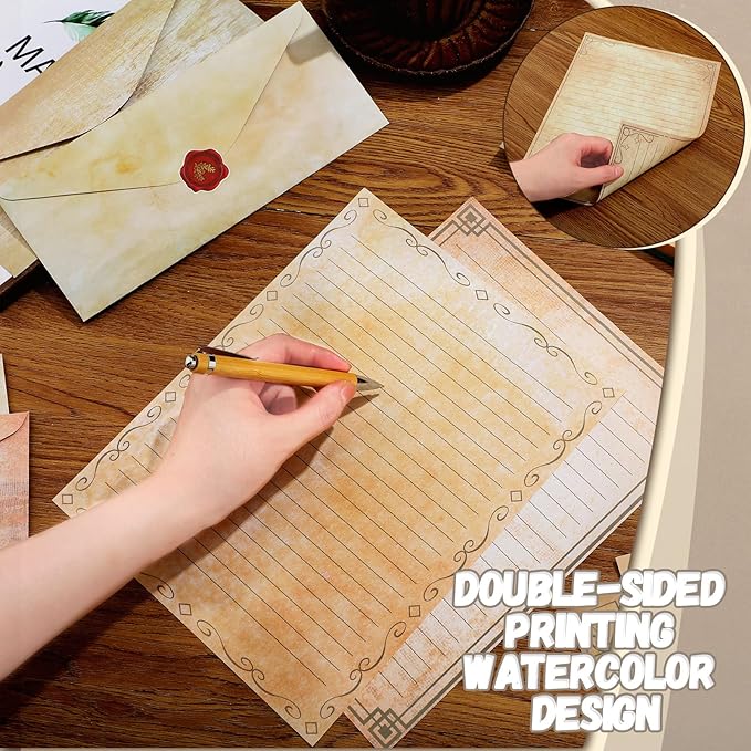 TaoBary 160 Pcs Stationery Paper Set 50 Double Sided Stationery Papers with 50 Matching Envelopes and 60 Round Dot Sticker, 10 Design(Light Vintage,8.5 x 11 Inch)