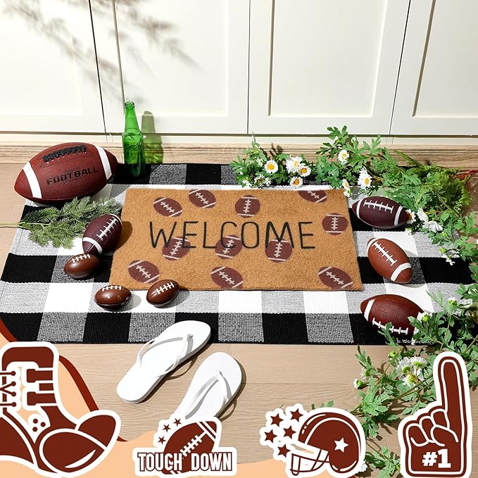 2 Pcs Football Coir Welcome Doormat Outdoor Football Rug Layered Buffalo Plaid Mats for Front Door Porch Outdoor Entryway Decor(Welcome)