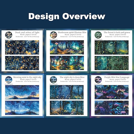 Night Forest Seamless Washi Tape Scrapbook Kit – 6 Rolls with Starry Sky, Fairy Woods & Twilight Designs for Journaling, DIY Crafts, Gift Wrapping, Card Making, Decoration, 3.15in Wide