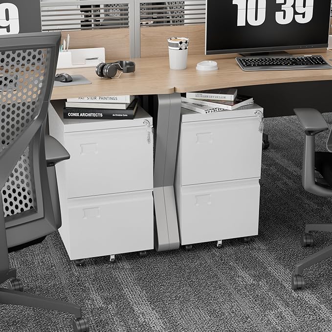 2 Drawers Mobile File Cabinet, Metal Under Desk Cabinet with Lock, for Office & Home, Legal/Letter Size, W14.57”x D17.36”x H25.79”, Assembly Required(White)