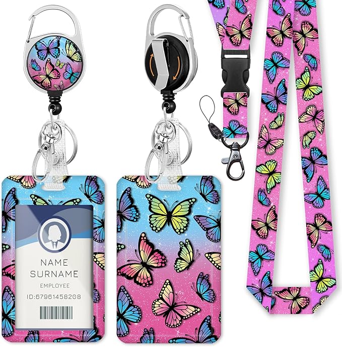 Butterfly ID Badge Holder with Breakaway Lanyard, Fashionable Lanyards for ID Badges Women, Cute Badge Reel Retractable, ID Card Holder Keychain Name Badge Clip, Nurse Teacher Gifts