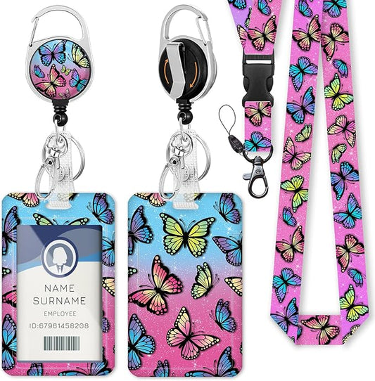 Butterfly ID Badge Holder with Breakaway Lanyard, Fashionable Lanyards for ID Badges Women, Cute Badge Reel Retractable, ID Card Holder Keychain Name Badge Clip, Nurse Teacher Gifts