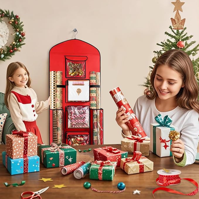 Hanging Gift Wrapping Paper Storage, 40"X17" Red Double-Sided Christmas Wrapper Bag Container, Oxford Craft Roll Organizer, Present Wrap Holder for Bedroom Closet, Door, Cabinet