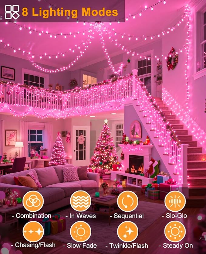 157FT 480 LED Christmas Lights Outdoor, Plug in Christmas Tree Lights Waterproof, 8 Modes Fairy String Light for Indoor Room Home Tree Party Decorations, Pink