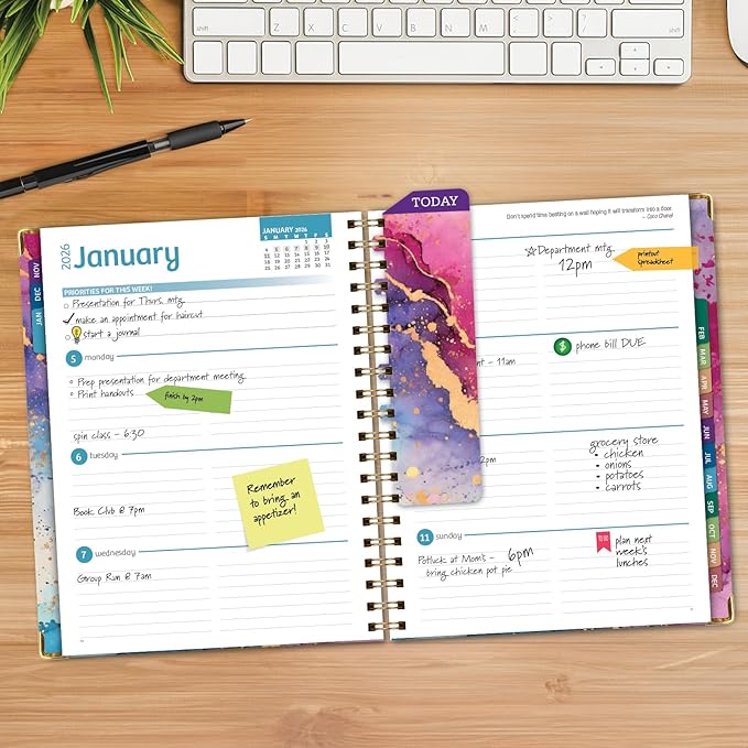 HARDCOVER 2026 Planner, 8.5"x11": 14 Months (November 2025 - December 2026), Daily Weekly Monthly Planner, Yearly Agenda, Bookmark, Pocket Folder and Sticky Note Set (Rainbow Gold Marble)