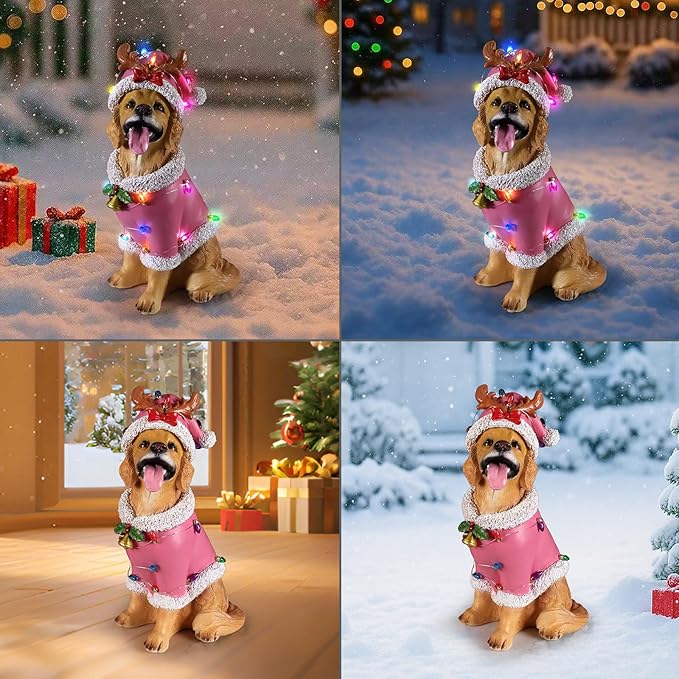 Christmas Outdoor Decoration Dog Statue, LED Light Cute Golden Retriever Dog Sculpture with Pink Santa Outfit & Lights for Garden and Yard, Indoor Holiday Décor Gift for mom and dad