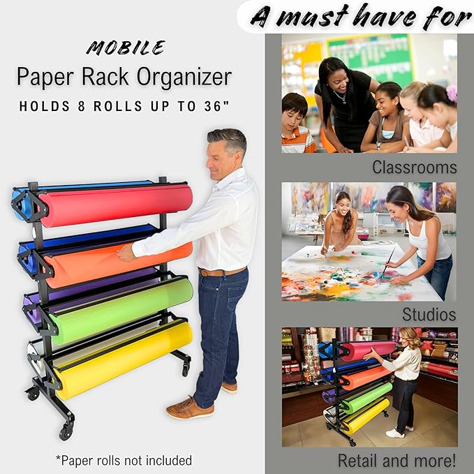 Paper Roll Holder, Dispenser Rack and Cutter - 8 Racks for Large, 36" Butcher, Craft, Gift Wrap & Art Kraft Rolls – Durable, Mobile Rolling Organizer with Ceramic Blade for Classroom, Studio & Retail