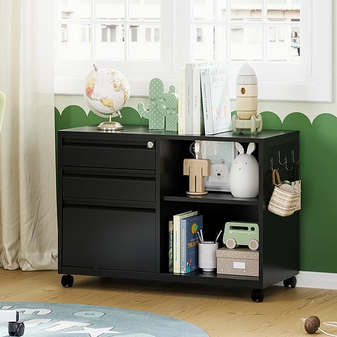 Letaya Mobile 3 Drawer File Cabinet with Lock-Metal Lateral Rolling Printer Stand Filing Cabinets for Home Office-Storage A4/F4/Letter (Black)