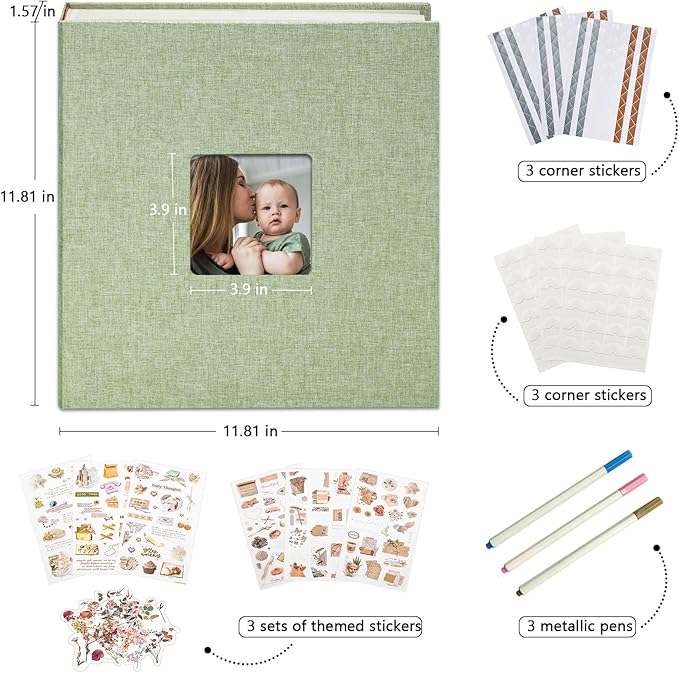 Vienrose Premium Scrapbook Photo Album with Writing Space 12"x12", DIY Scrapbook Album with 60 Pages, Large Photo Book for Baby Family Travel Vacation, Grass Green