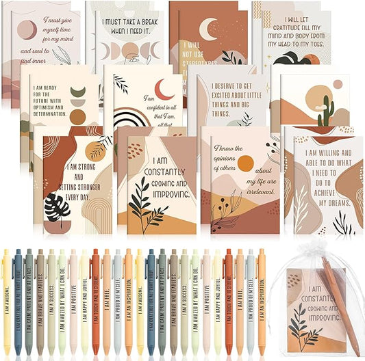 Mooliwe 12 Set/24 Pcs Positive Affirmation Gift Set Gratitude Notebooks with Pens Small Bags Motivational Encouragement Notepads Daily Affirmations Journal for Women Stress Relief Self Care(Rainbow)
