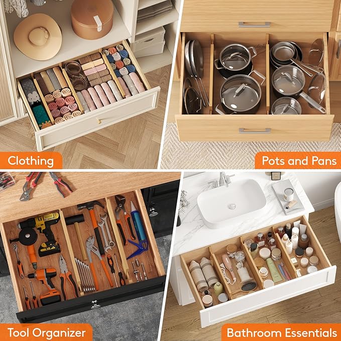 Lifewit 4 Pack Drawer Dividers Bamboo 6" High, 16-22" Adjustable Clothes Drawer Organizers, Expandable Dresser Separators in Bedroom/Bathroom/Kitchen/Office Organization and Storage