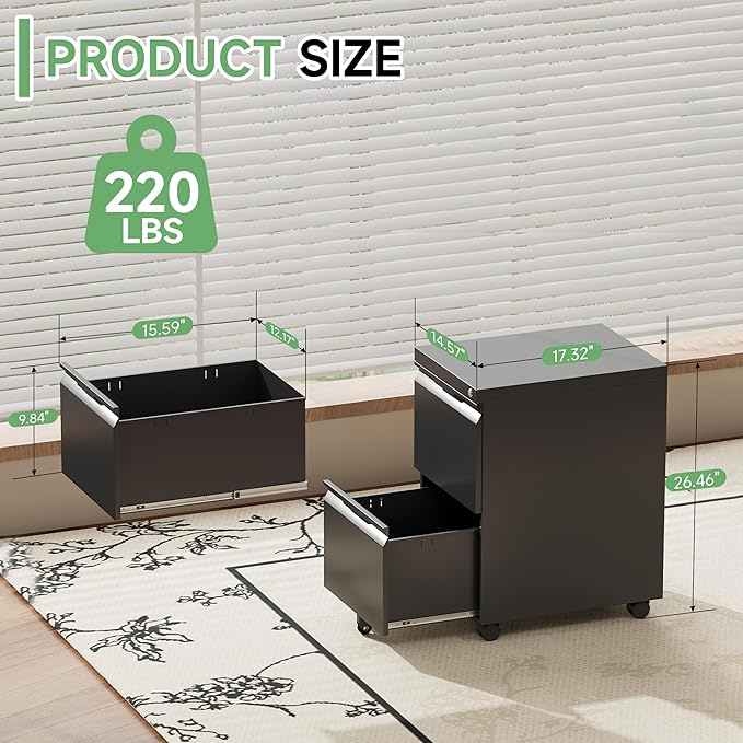 2 Drawer Mobile File Cabinet with Lock,Under Desk Metal Filing Cabinets with Wheels for Home Office Organizer Letters/Legal/A4(Easy Assemble-Black)