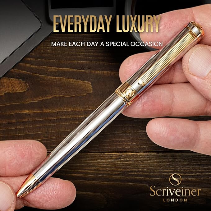 Scriveiner Silver Chrome Ballpoint Pen - Stunning Luxury Pen, Real Gold Plating, Schmidt Black Refill, Best Ball Pen Gift Set for Men & Women, Professional, Executive, Office, Nice, Fancy Pens