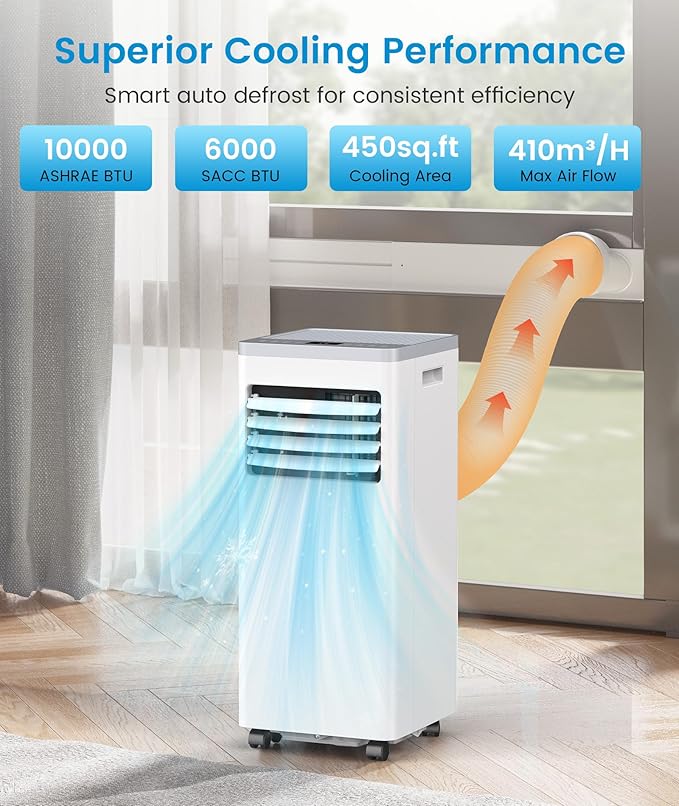 Portable Air Conditioner 10000 BTU Cools Up to 450 Sq. Ft., 3-in-1 Modes Portable AC Unit Remote Control, LED Display, Auto Shutoff, AC with Window Kits for Bedroom, Home, Office, White