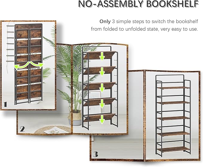 4NM No Assembly 5 Tiers Folding Bookshelf Storage Shelves Vintage Bookcase Standing Racks Study Organizer Home Office (Rustic Brown Black)