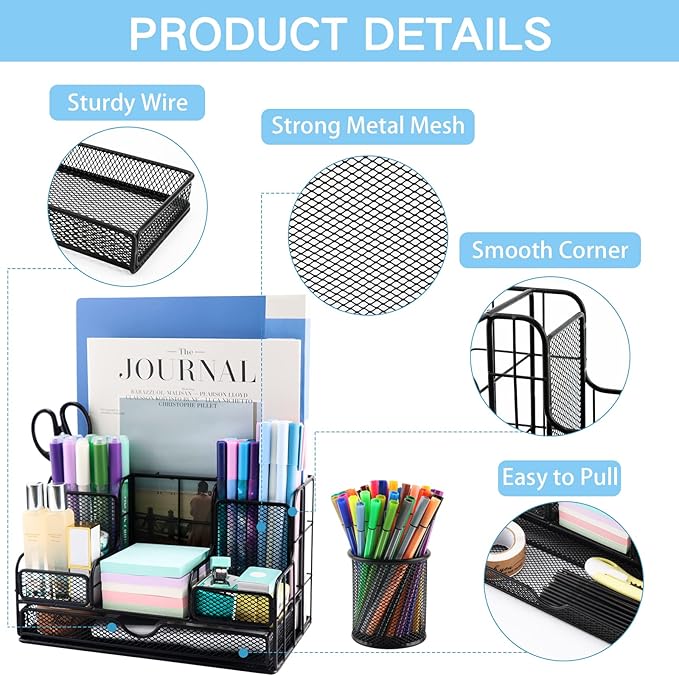 Desk Organizers Caddy and Accessories with 7 Compartments + Pen Holder / 72 Clips Set, Drawer, Black Mesh Office Supplies Desktop Organizer for Home, Office Ect