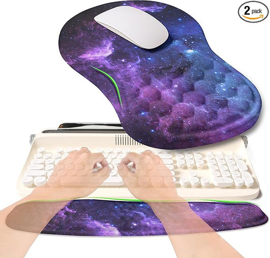 2-in-1 Ergonomic Set, Wave Rise Keyboard Wrist Rest and Massage Bulge Slope Mouse Pad Wrist Support, Cushion Memory Foam Integrated to Relieve Wrist Pain, Galaxy