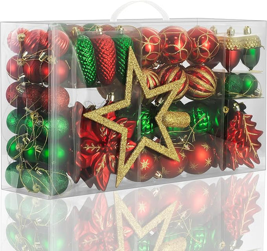 LARAINE Christmas Balls Ornaments 106 Pcs Decorations for Christmas Tree, Shatterproof Hanging Ball Variety Gift Set of Holiday Party Wedding Decoration (Red&Green)