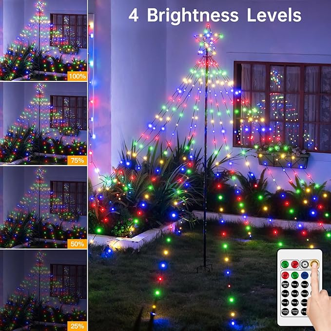 Christmas Tree Lights 340LED with Topper Star, IP67 Waterproof Remote Control Waterfall Lights with Pole, 16 Modes 3 Timers Dimmable Christmas Decorations for Outdoor Yard (Multicolored)