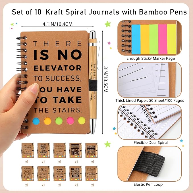 Yeaqee 10 Set Inspirational Spiral Notebook Bulk with Motivational Bamboo Ballpoint Pens Sticky Notepad Employee Appreciation Gifts for Teacher Staff Team Nurse Housekeeping Week Medical Assistant