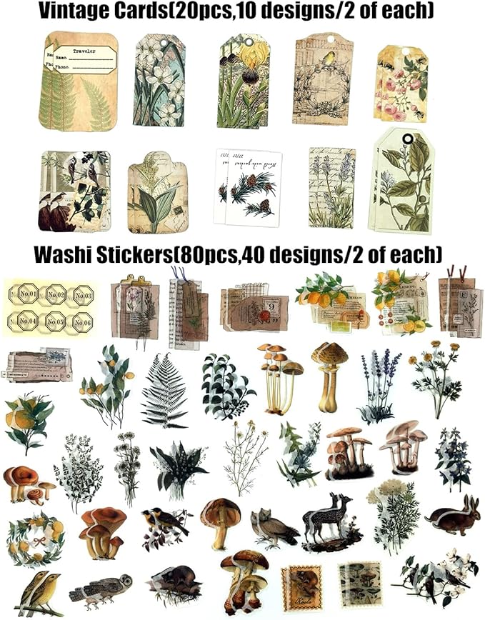 260PCS Vintage Journaling Scrapbooking Supplies Scrapbook Sticker Paper Ephemera Pack for Bullet Junk Journal Planners Collage Craft Notebooks Album (Plants and Birds)
