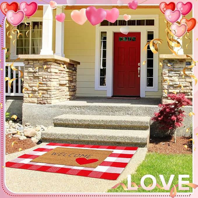 2 Pcs Valentine's Day Coir Welcome Doormat Valentine's Day Rug Outdoor Layered Buffalo Plaid Red and White Mat Red Heart Mat for Front Porch Entryway Outdoor