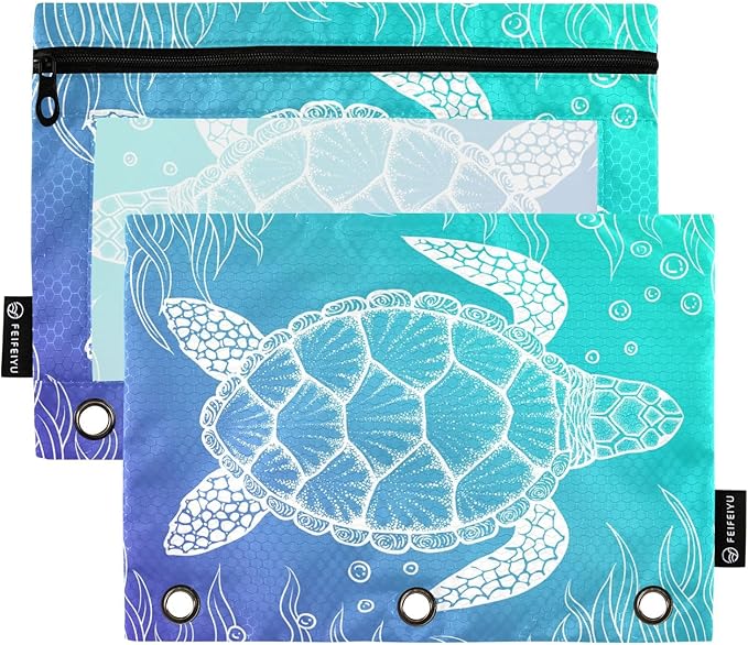 ALAZA Pencil Pouch for 3 Ring Binder, Underwater Sea Turtle Seaweed Print Binder Pencil Pouches with Clear Window Zipper Pencil Case Cosmetic Bags for Office College Supplies, 2PCS