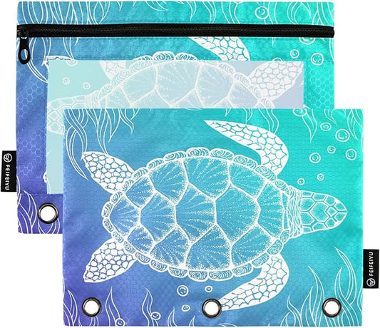 ALAZA Pencil Pouch for 3 Ring Binder, Underwater Sea Turtle Seaweed Print Binder Pencil Pouches with Clear Window Zipper Pencil Case Cosmetic Bags for Office College Supplies, 2PCS