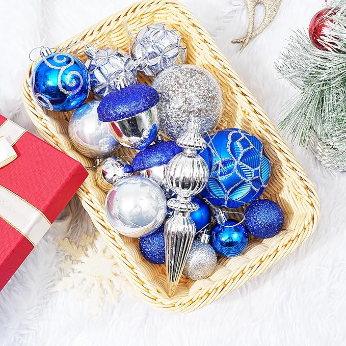 123pcs Christmas Ball Ornaments Set, Shatterproof Plastic Balls for Classic Xmas Decorations, Hanging Ornaments for Christmas Tree, Holiday, Bridal, Home Party, Blue and Silver