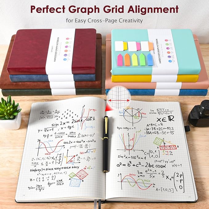 Graph Paper Notebook, 312 Numbered Pages B5 Hardcover Leather Journal, 100gsm No Bleed Grid Paper Notebook with Index Pages, Grid Notebook for Graphing Notes Math, 7.6'' X 10'', Burgundy