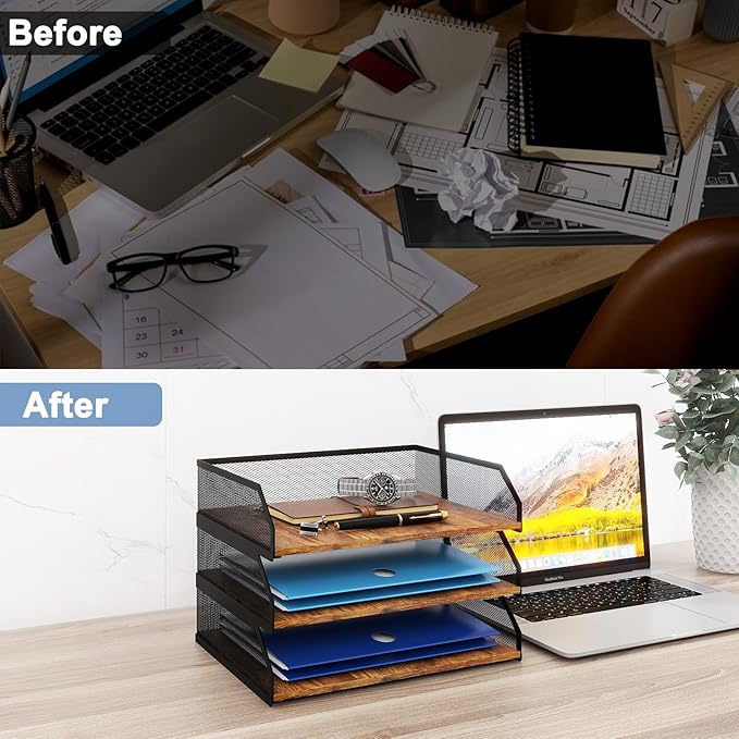 Natwind 3-Tier Stackable Paper Tray, Metal Mesh Desktop Organizer, Paper Sorter, Letter Trays,File Document Storage Rack for for Home, Office, School (Retro)