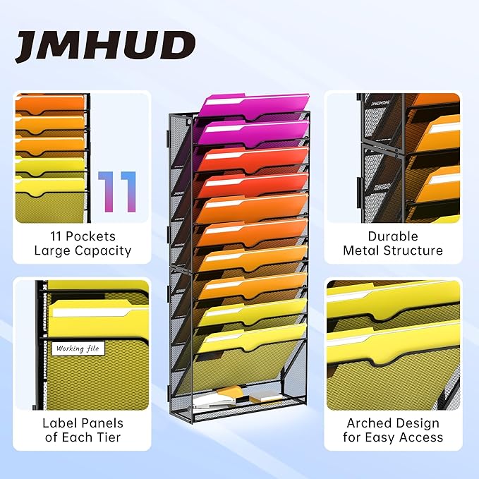 11-Tier Wall File Organizer Hanging File Organizer for Papers, Folders, Files, Magazine, Document, Mesh Wall Mount File Holder for Office Home School, Black 2 Pack